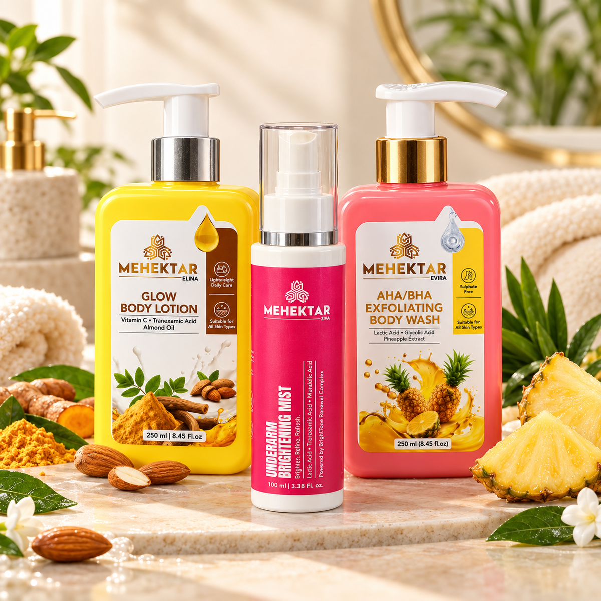 MEHEKTAR Body Care collection featuring body wash, body lotion and underarm brightening mist