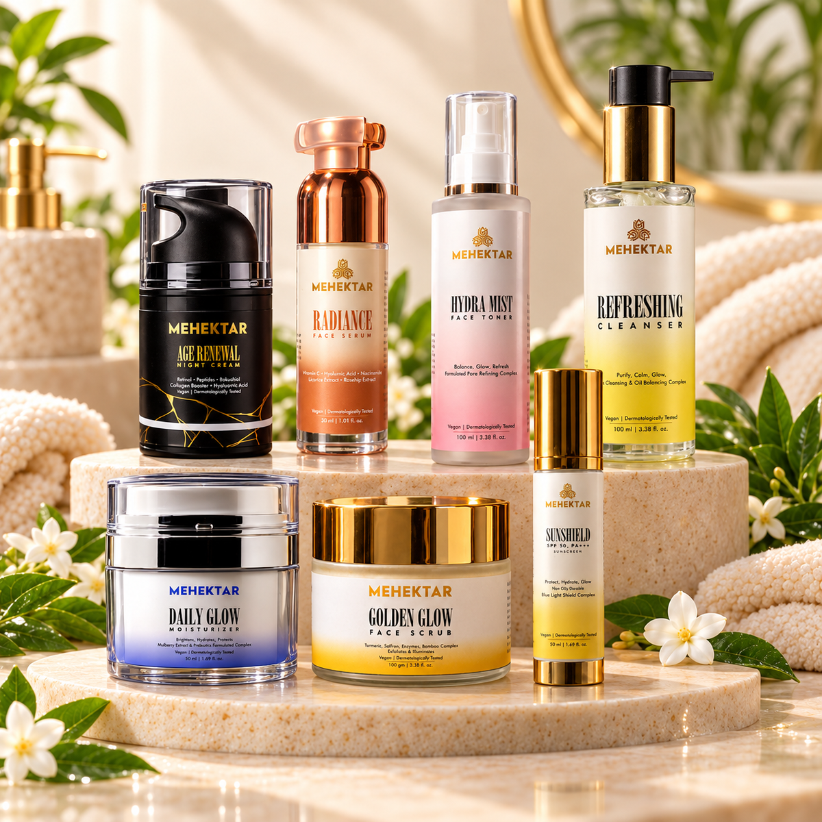 MEHEKTAR Skin Care collection featuring cleanser, toner, serum, moisturizer, scrub, night cream and sunscreen